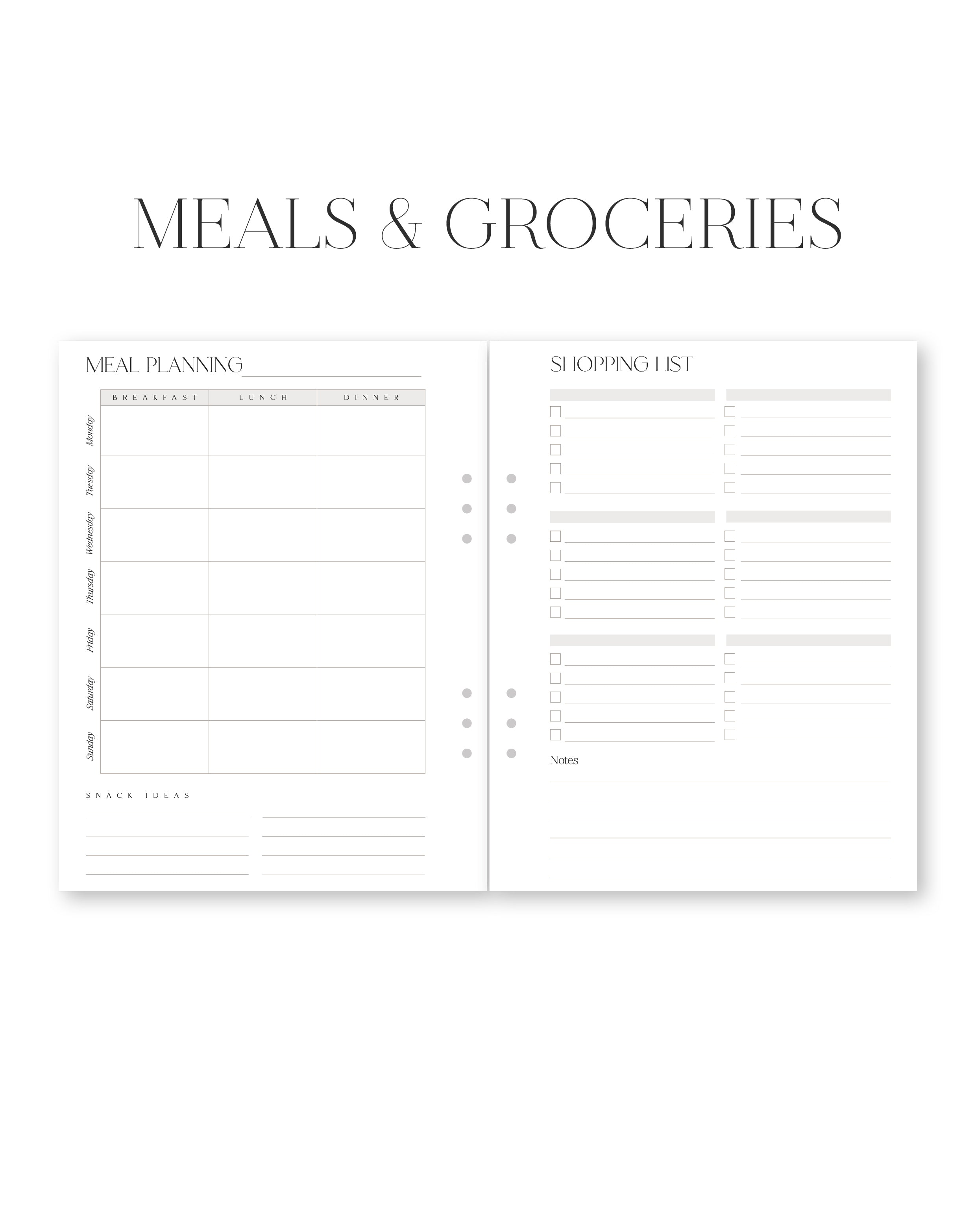Meal planning and shopping list template on a white background