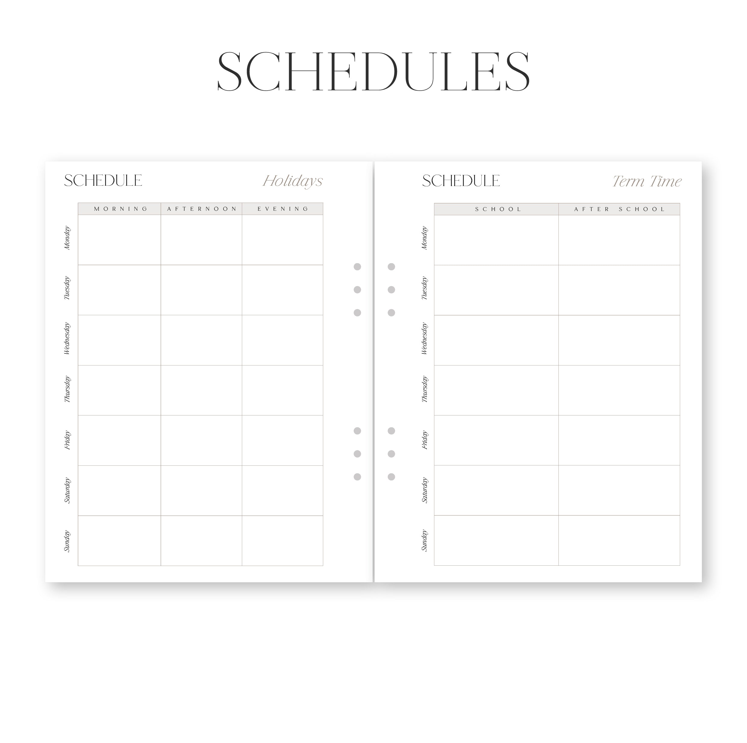 Two schedule sheets with columns for days and times on a white background