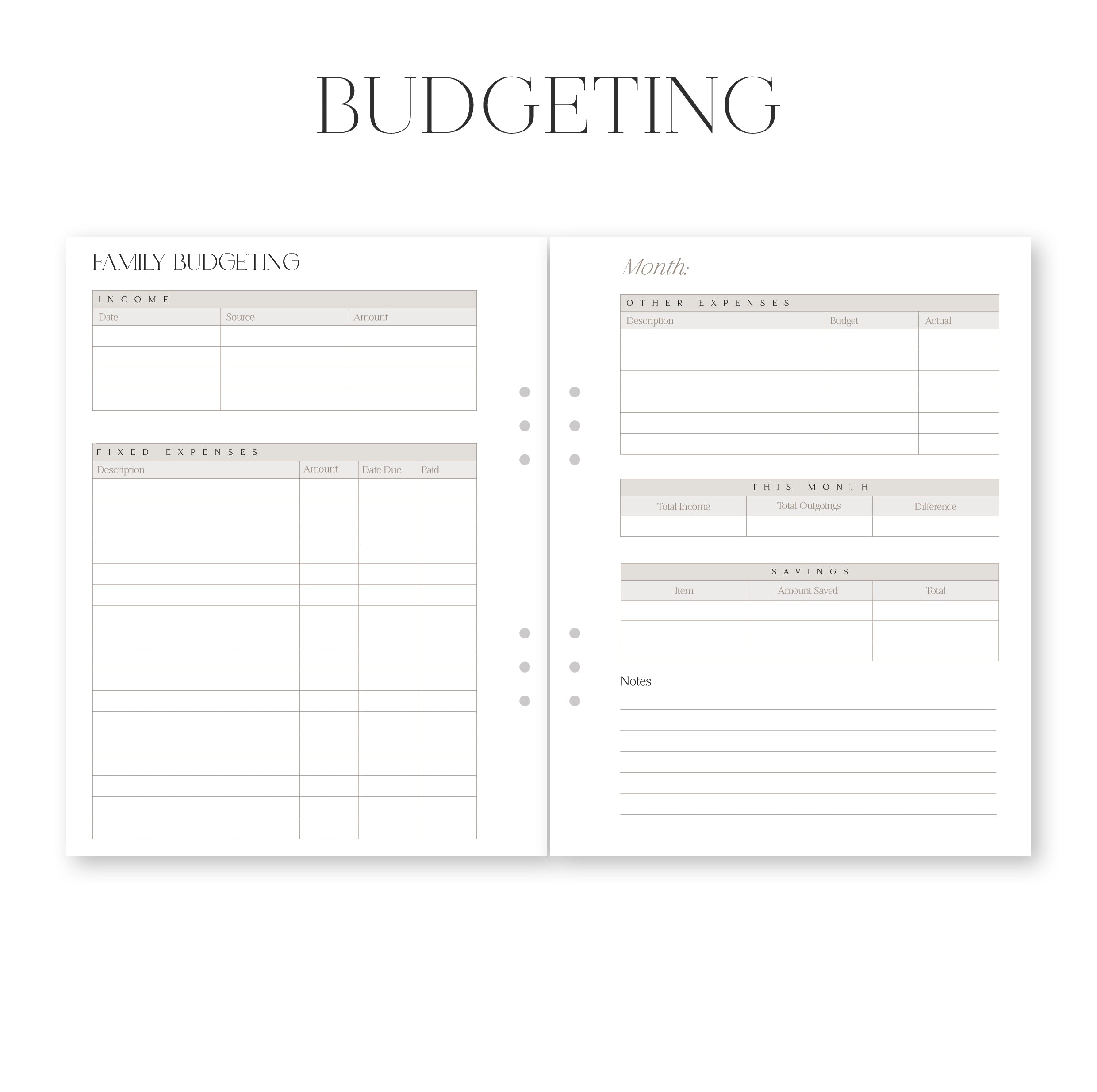 Two budgeting sheets with columns and text on a white background
