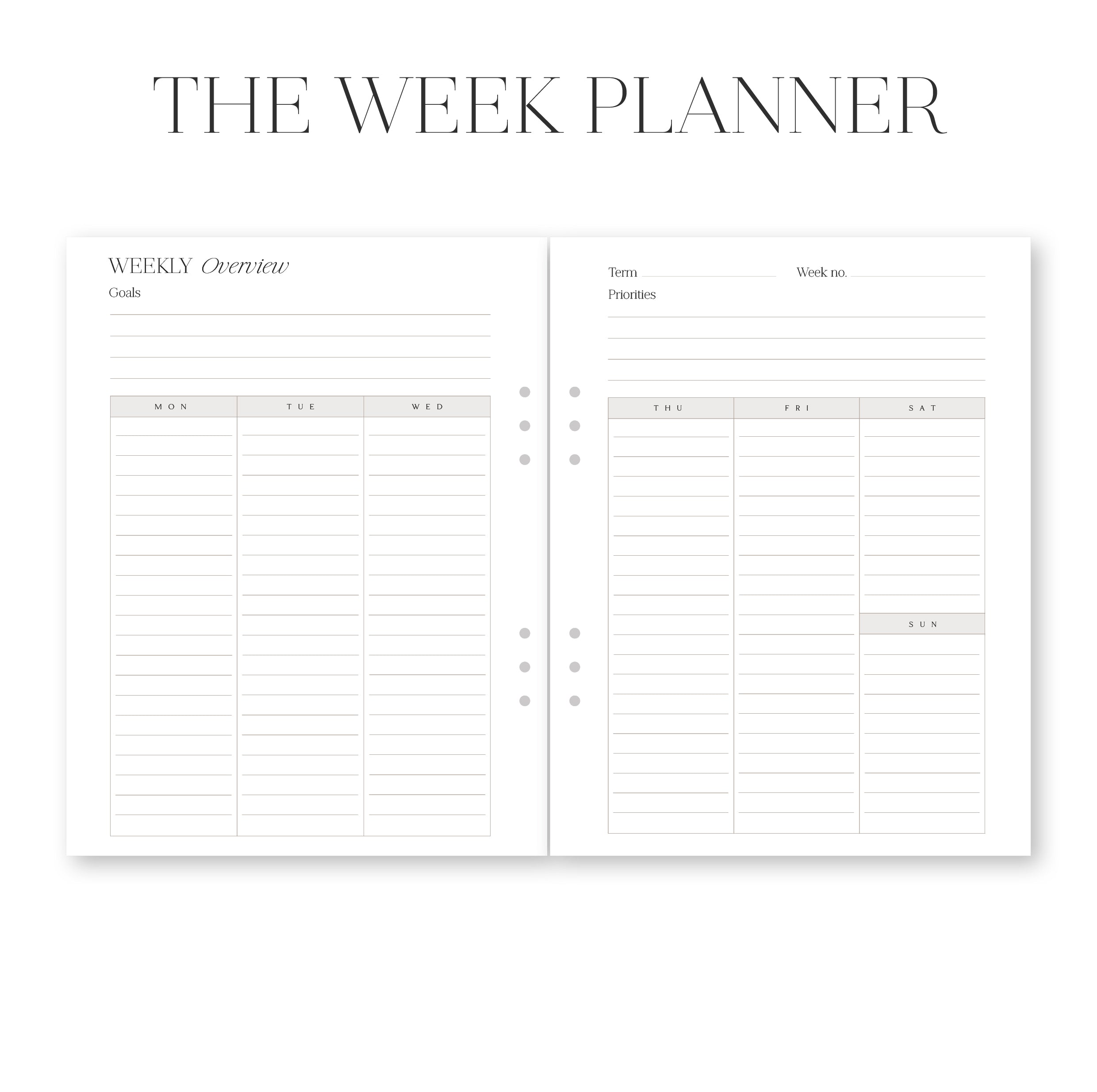 Two-page spread of a weekly planner with time tracking sections.