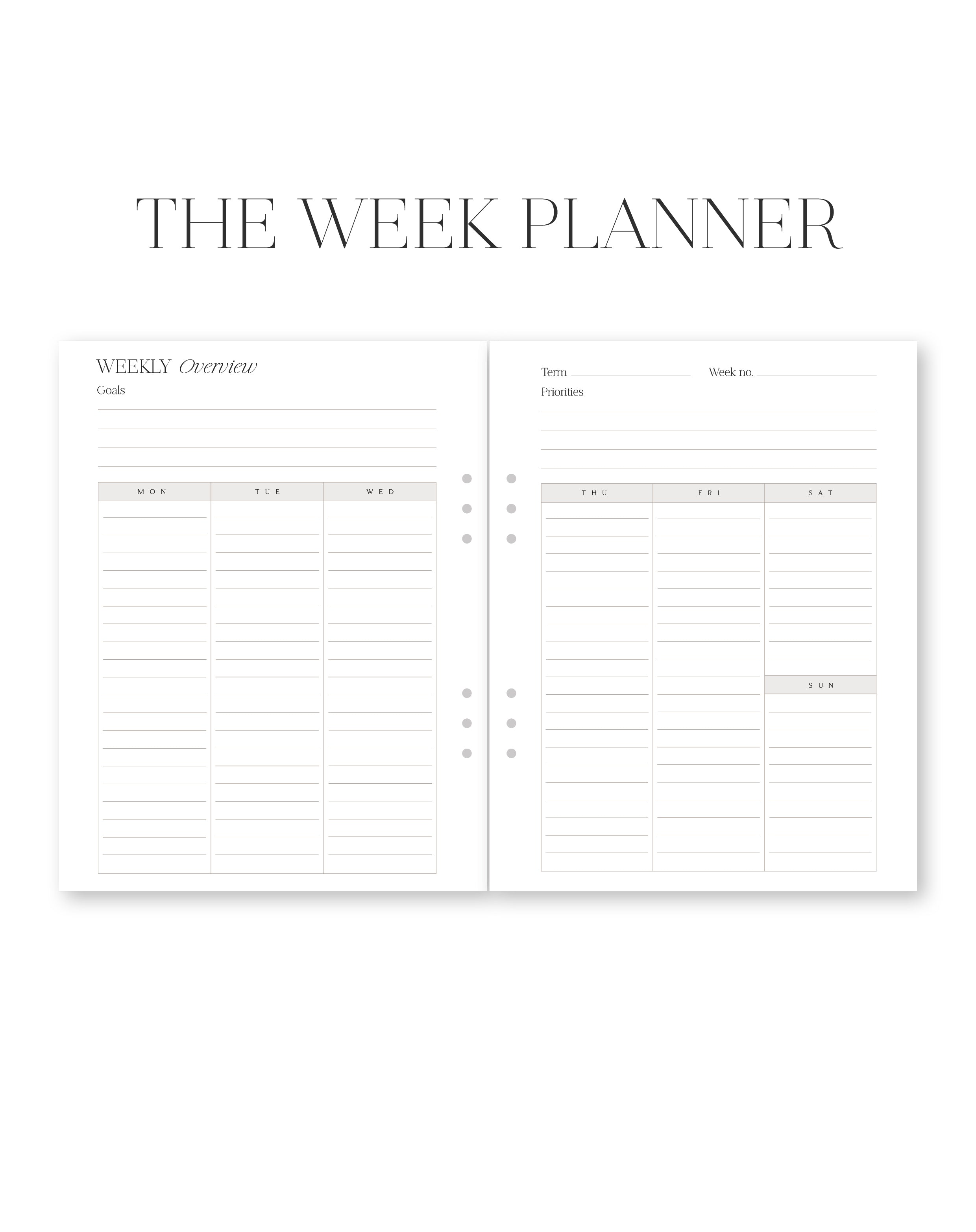 Two-page spread of a weekly planner with time tracking sections.