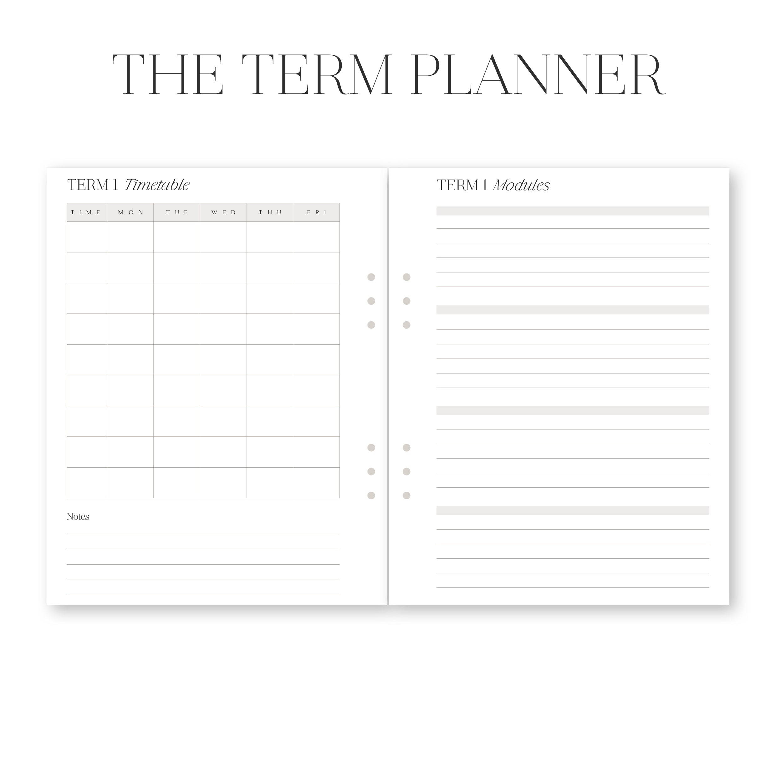 Two-page spread of a planner with 'The Term Planner' at the top.