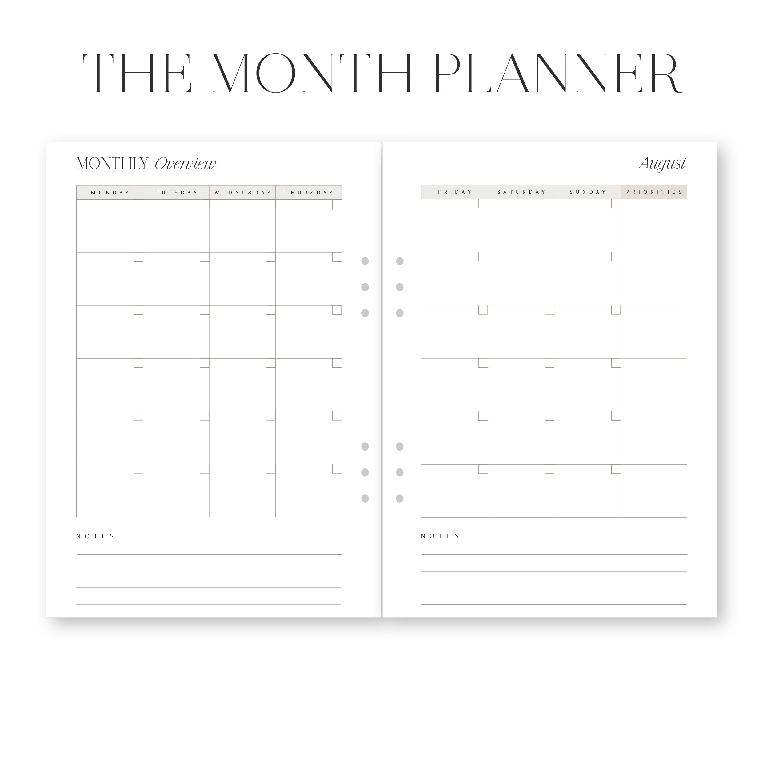 Monthly planner with grid layout on a white background