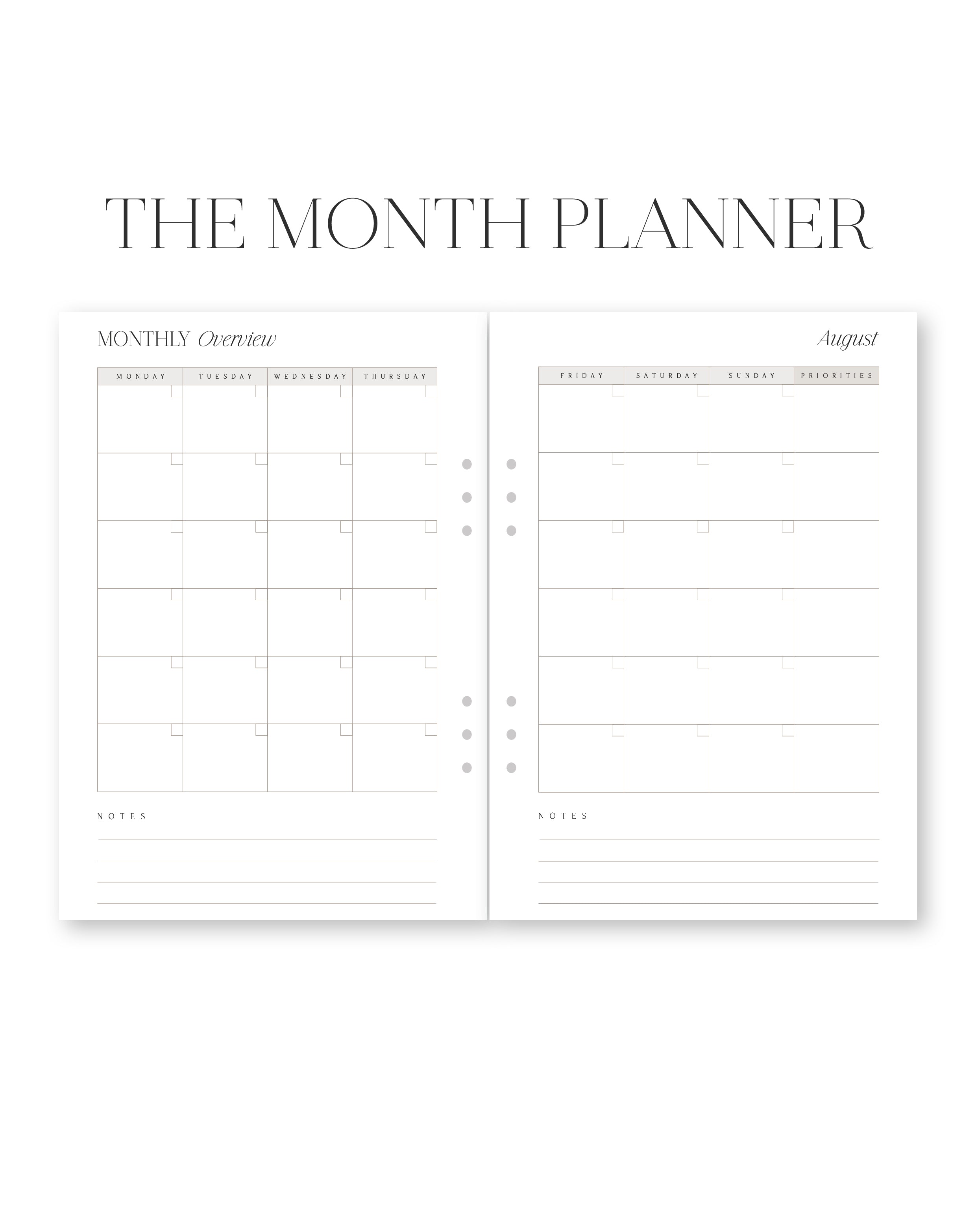 Monthly planner with grid layout on a white background