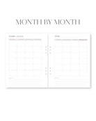 Two-page spread of a planner with 'Month by Month' title and monthly overview layout.