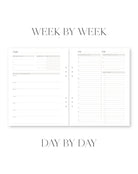 Two-page spread of a planner with weekly and daily scheduling layout.