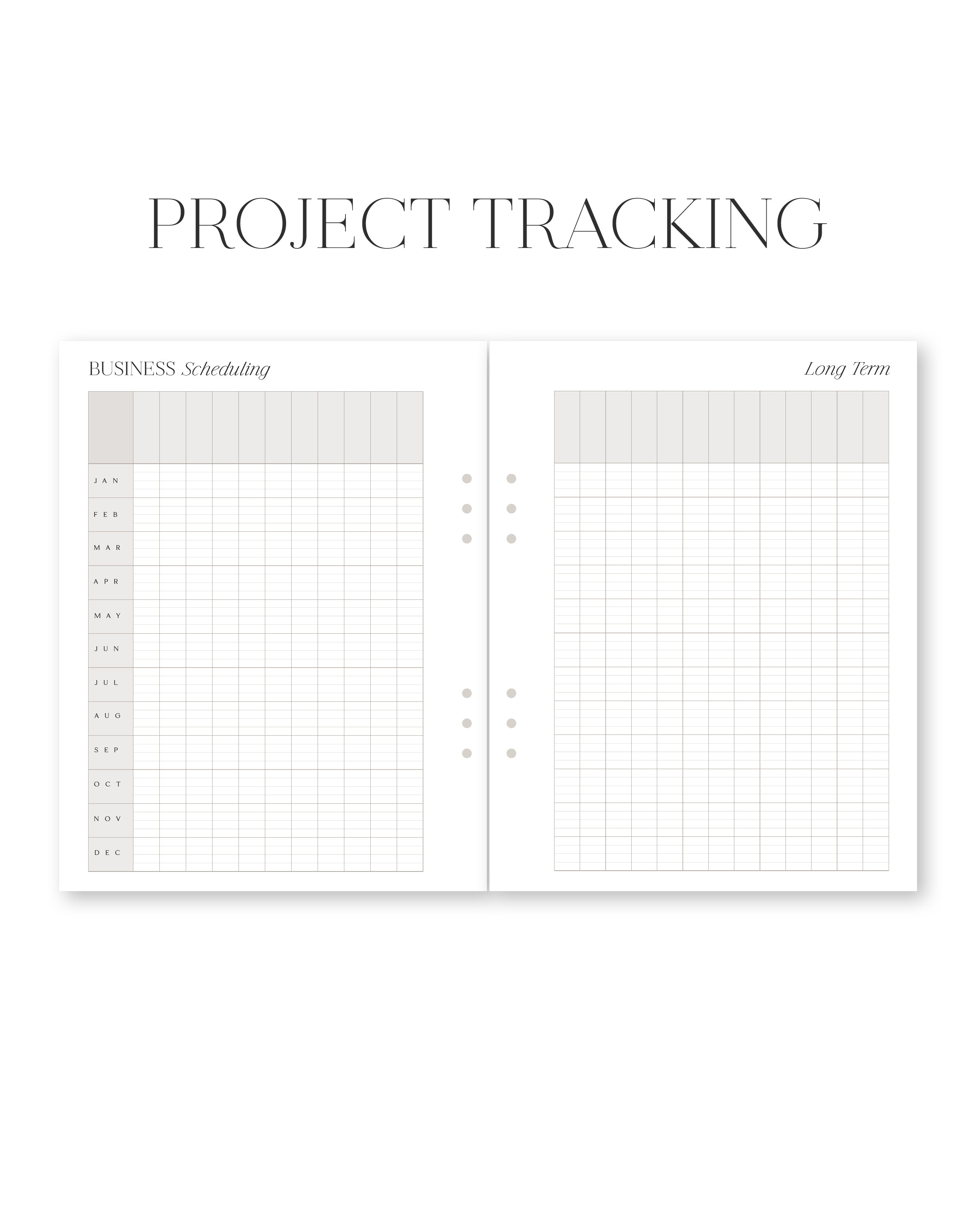Project tracking planner with two sections labeled 'Business Scheduling' and 'Long Term'.