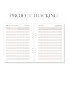 Two project tracking pages from a planner on a white background