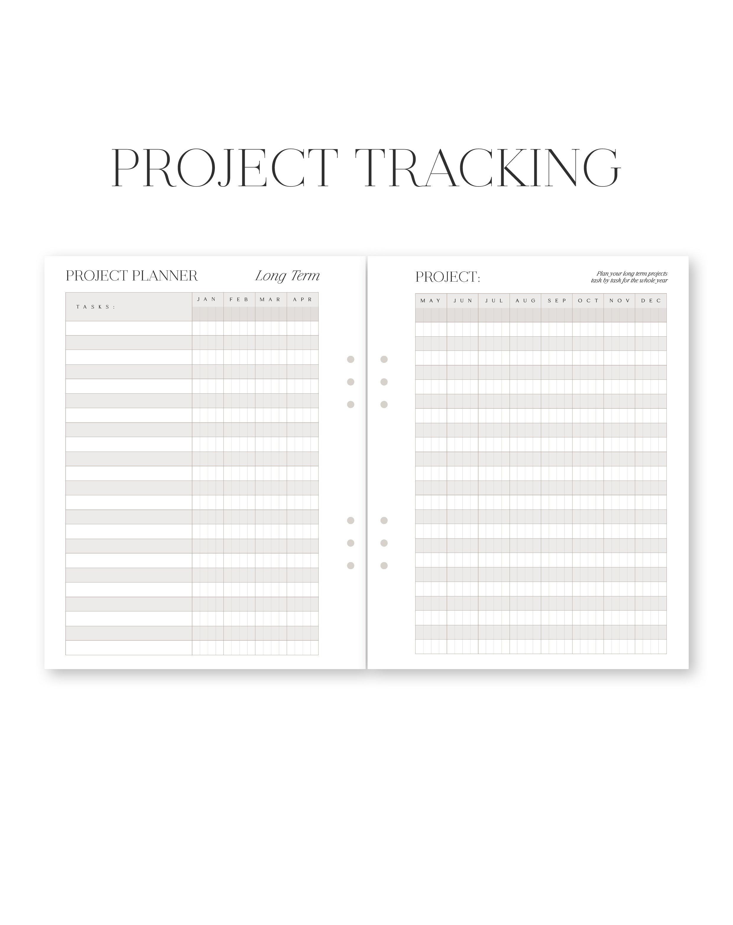 Two project tracking pages from a planner on a white background