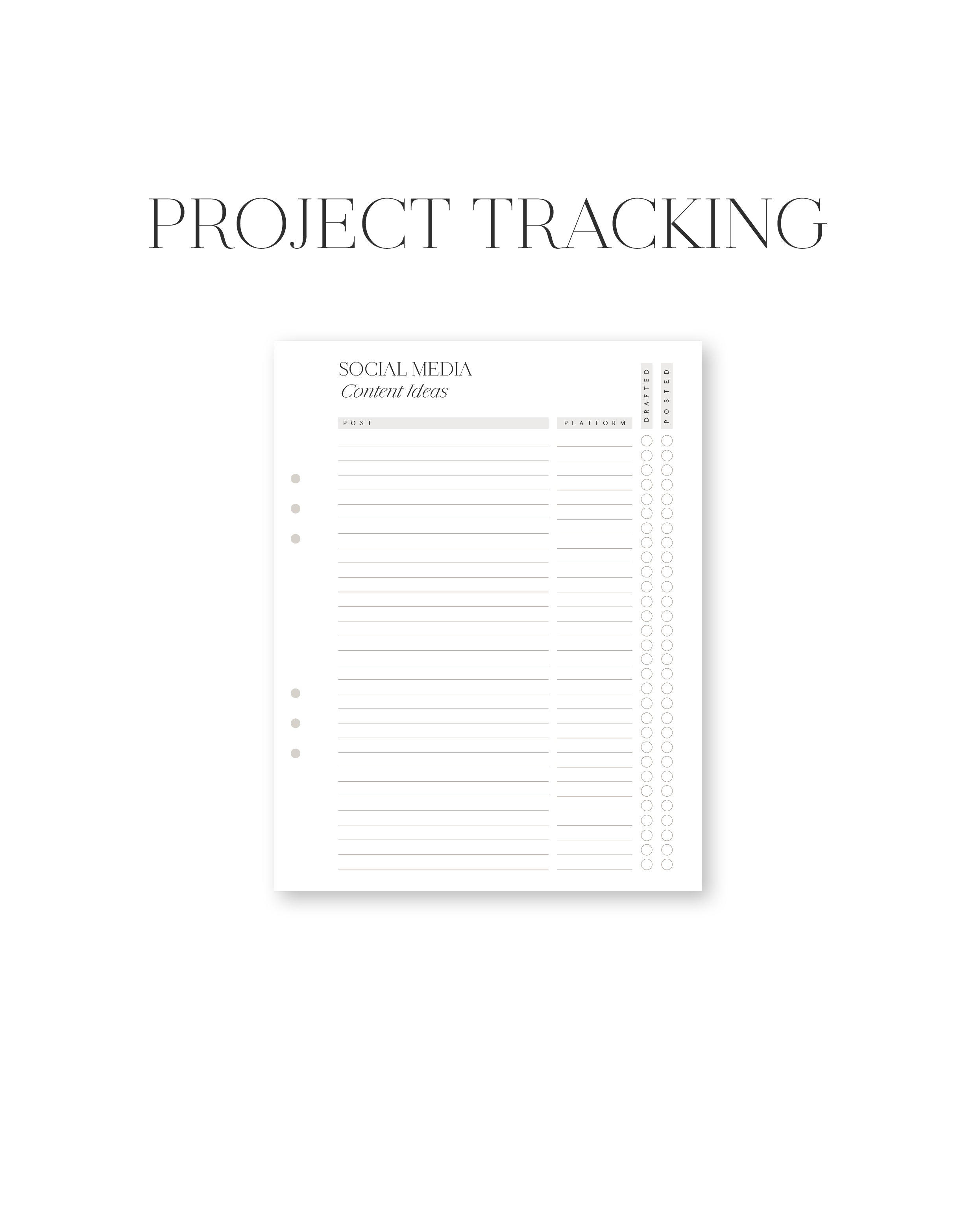 Project tracking sheet with columns for social media content ideas on a white background