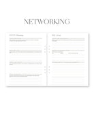 Two-page spread from a book or notebook titled 'Networking' with sections for event planning and PR event.