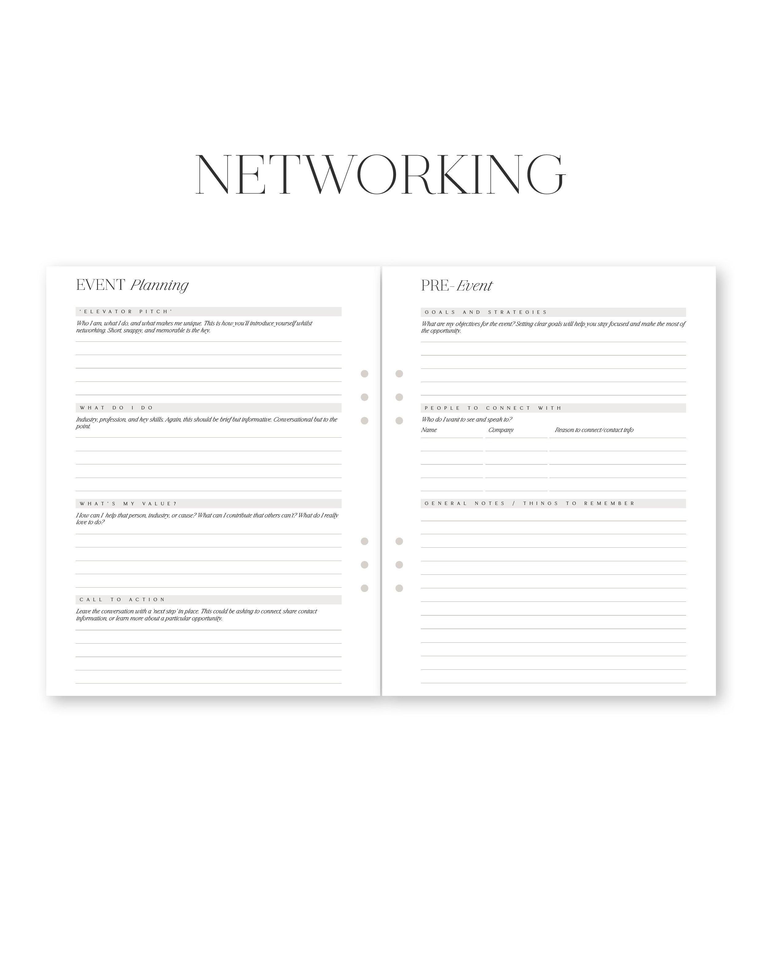 Two-page spread from a book or notebook titled 'Networking' with sections for event planning and PR event.