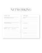 Networking planning sheet with sections for 'During Event' and 'Post Event'.