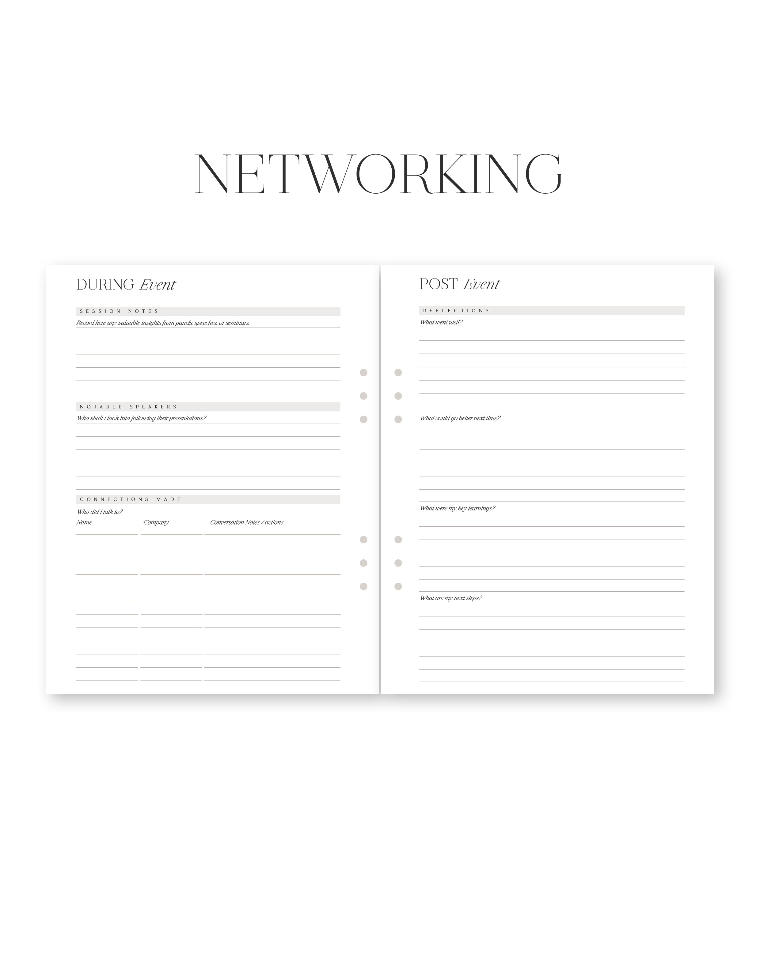 Networking planning sheet with sections for 'During Event' and 'Post Event'.