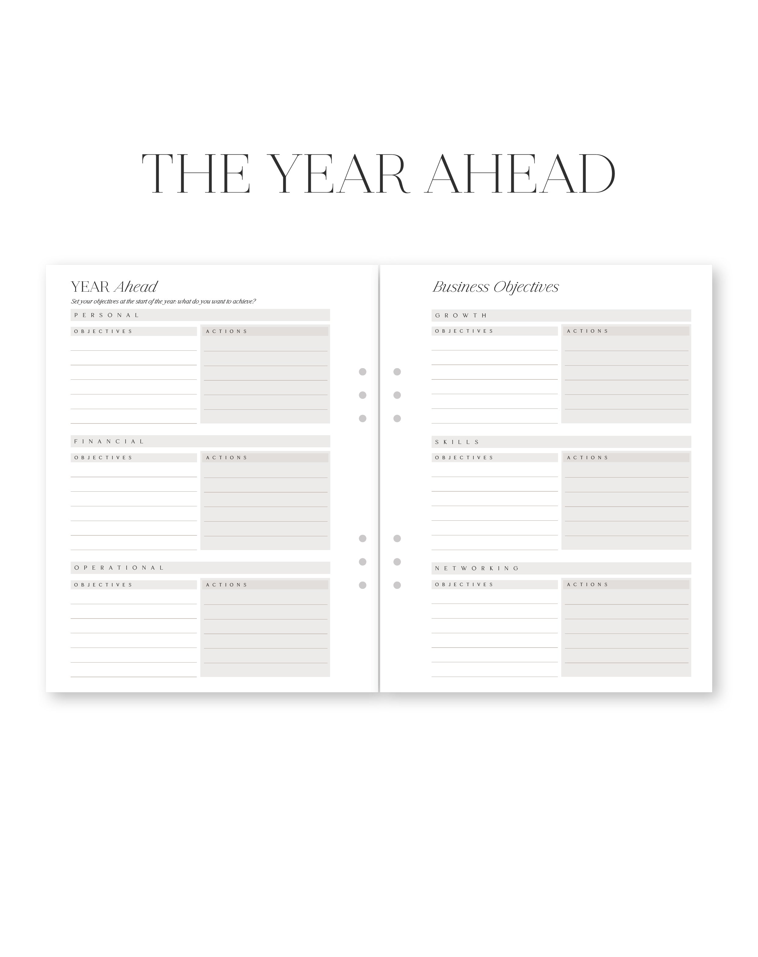 Two-page spread of a planner titled 'The Year Ahead' with sections for planning and objectives.