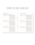 Two-page spread of a planner titled 'The Year Ahead' with sections for planning and objectives.