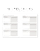 Yearly planning sheet with sections for Year End and Business Review on a white background.