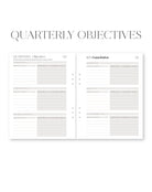 Two pages of a planner showing 'Quarterly Objectives' and 'Q1 Foundation' sections.