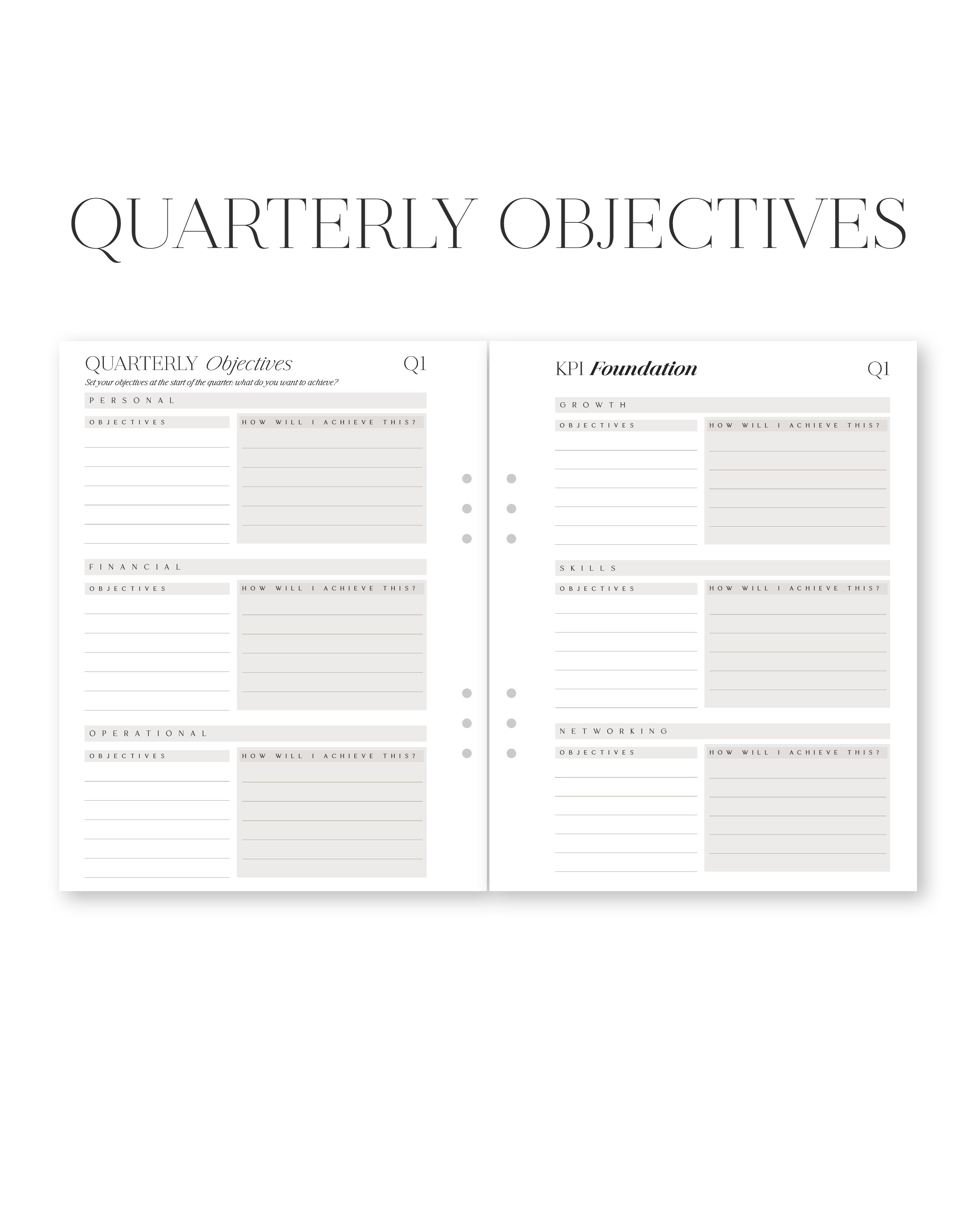 Two pages of a planner showing 'Quarterly Objectives' and 'Q1 Foundation' sections.
