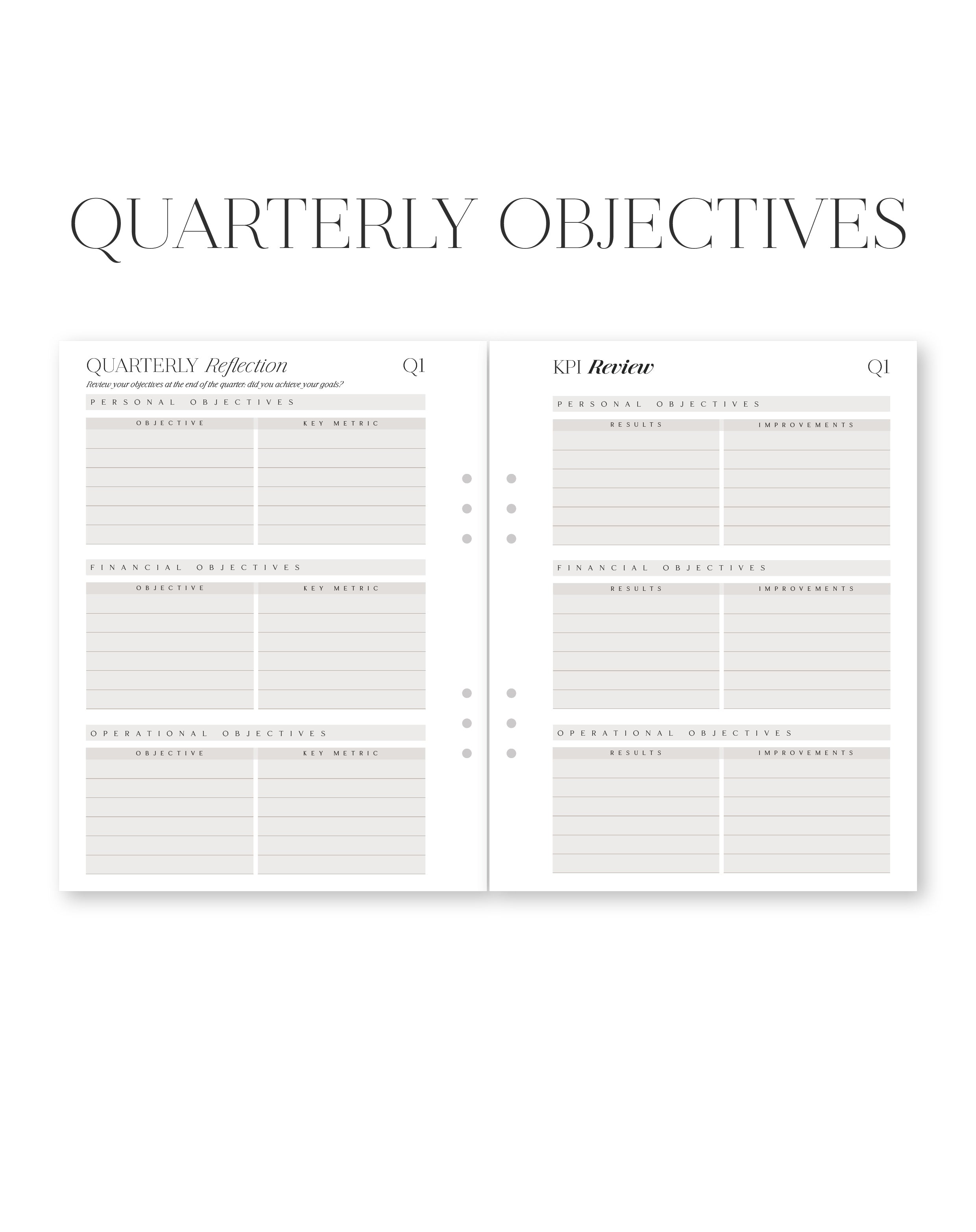 Two sheets of paper with 'Quarterly Objectives' heading and checklists on a white background.