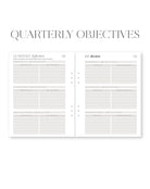 Two sheets of paper with 'Quarterly Objectives' heading and checklists on a white background.