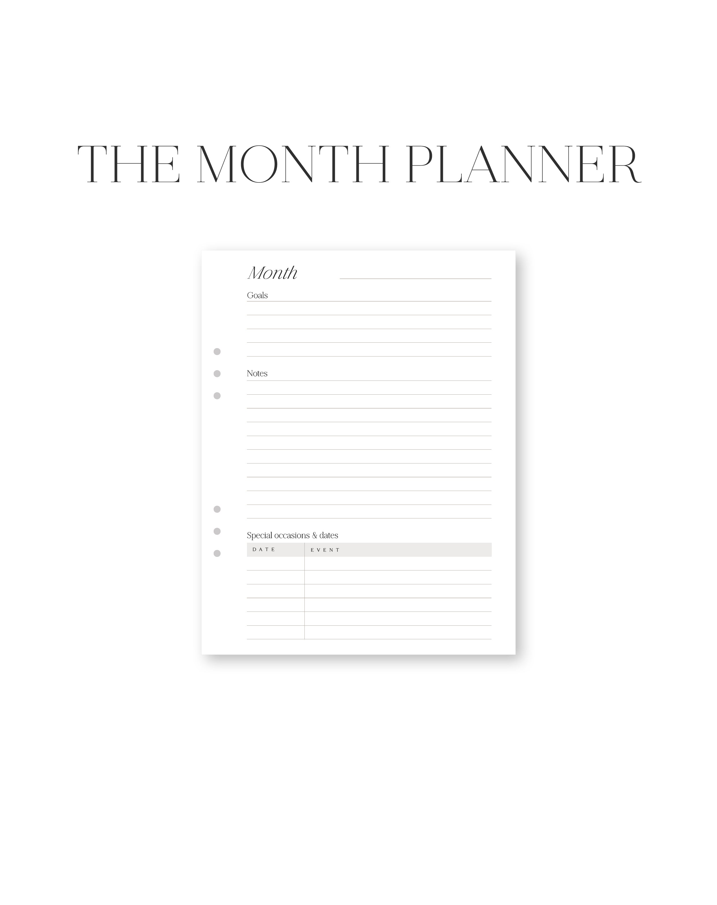 Month planner template with black text on a white background