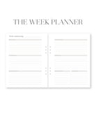 Week planner with time slots and notes on a white background