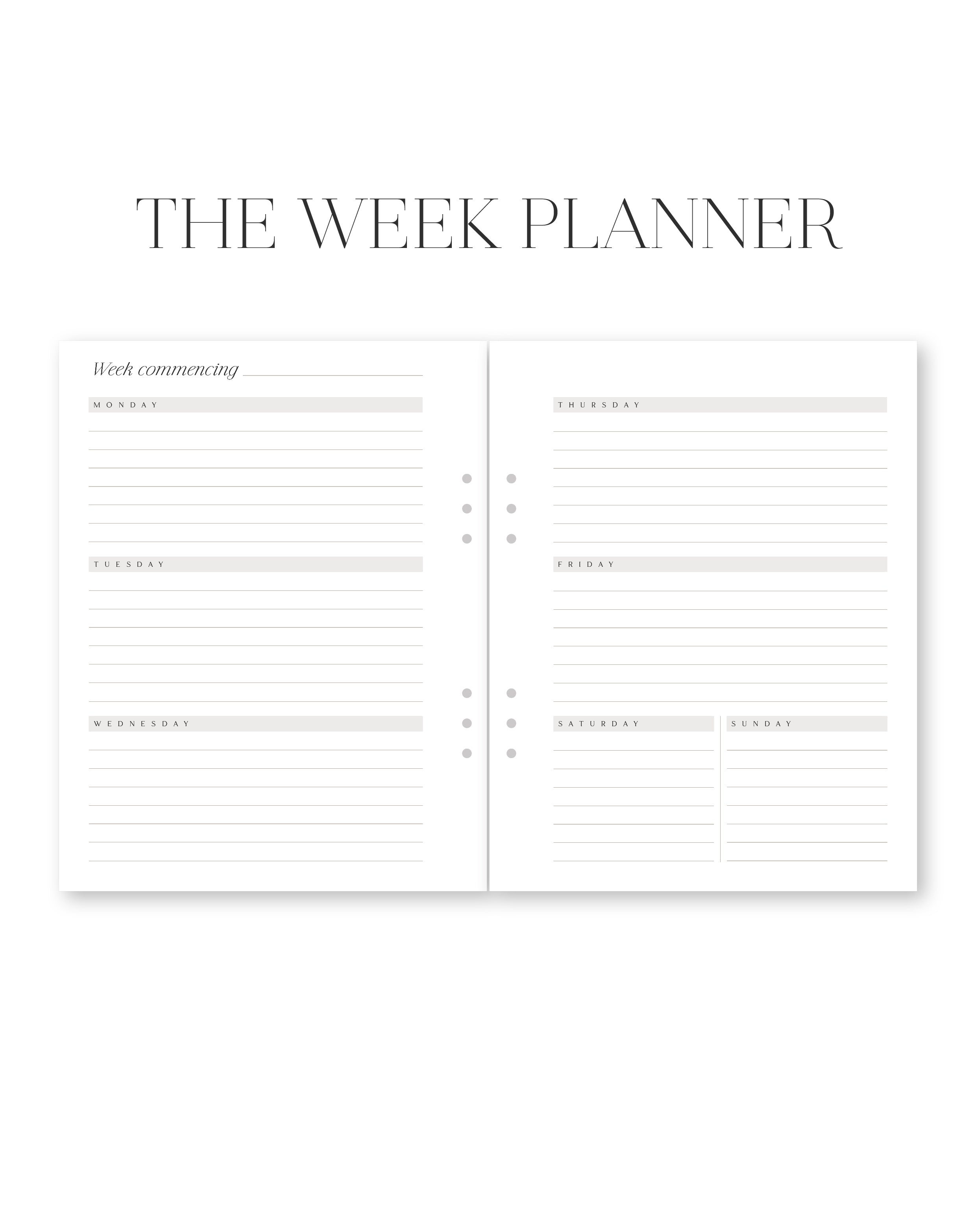 Week planner with time slots and notes on a white background