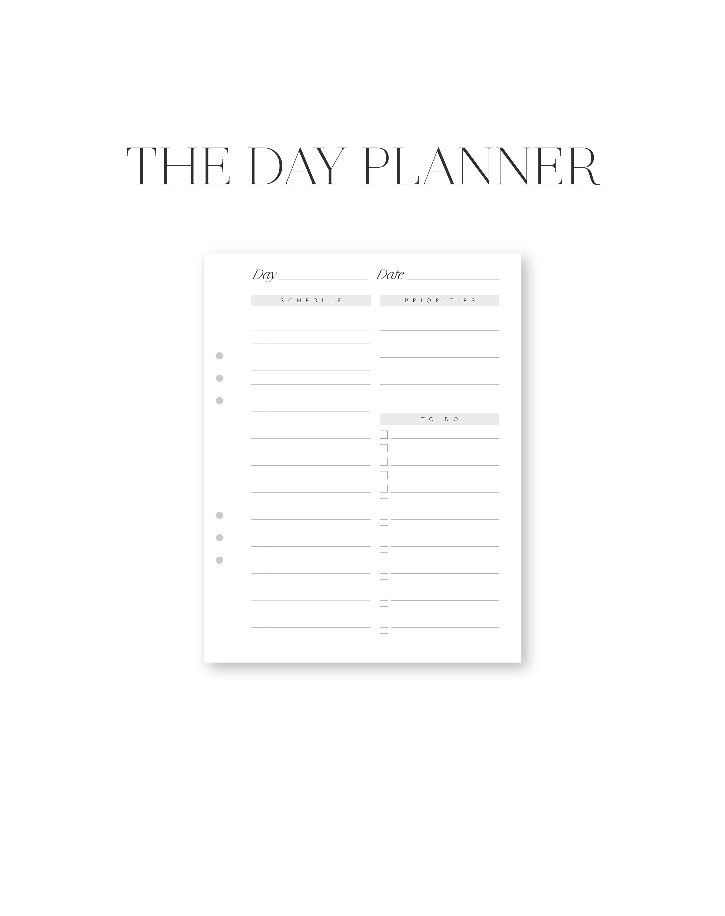 White planner with text 'THE DAY PLANNER' on a white background