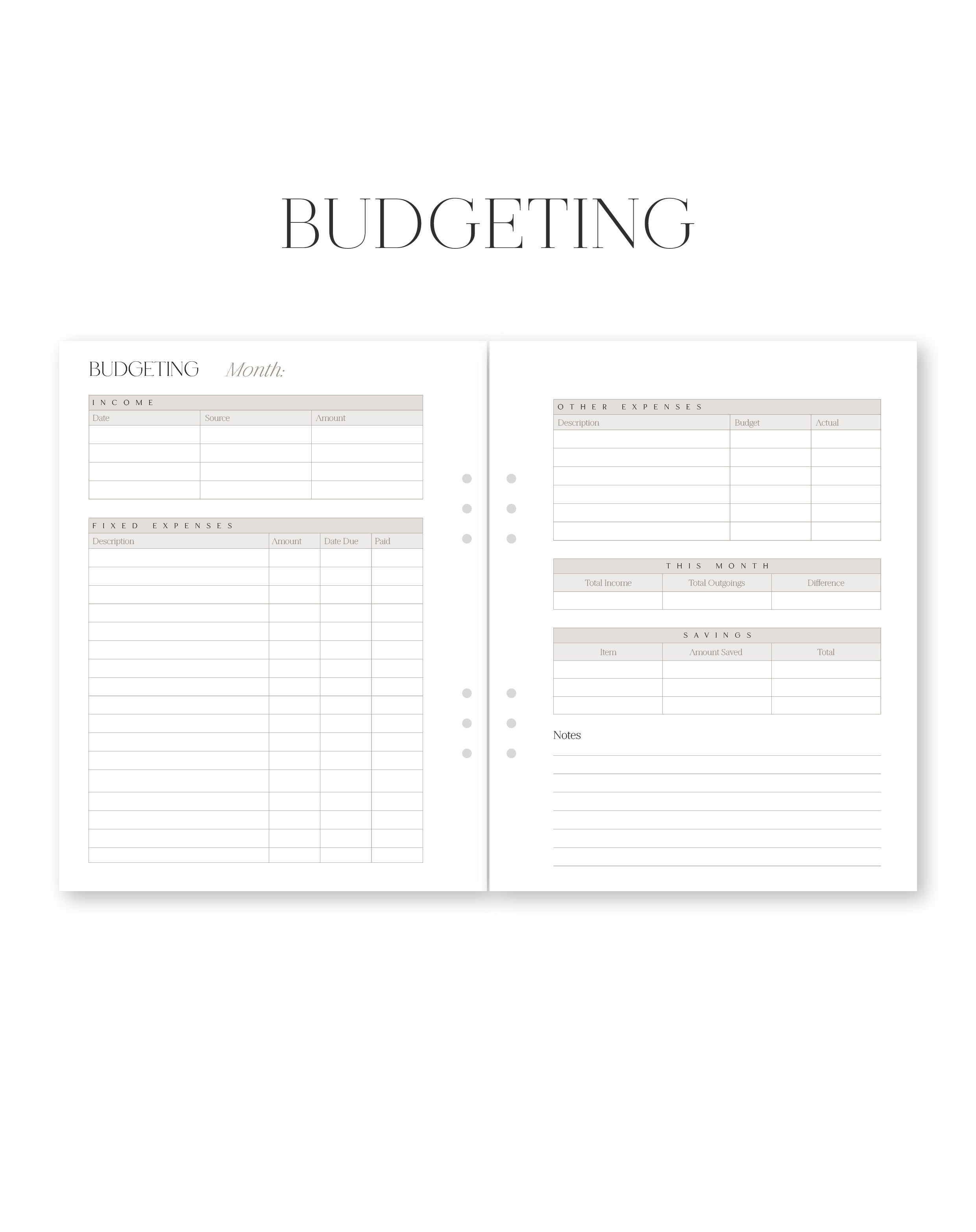 Budgeting planner page with columns for income, expenses, and notes on a white background.