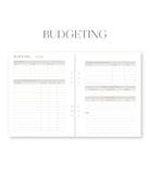 Budgeting planner page with columns for income, expenses, and notes on a white background.