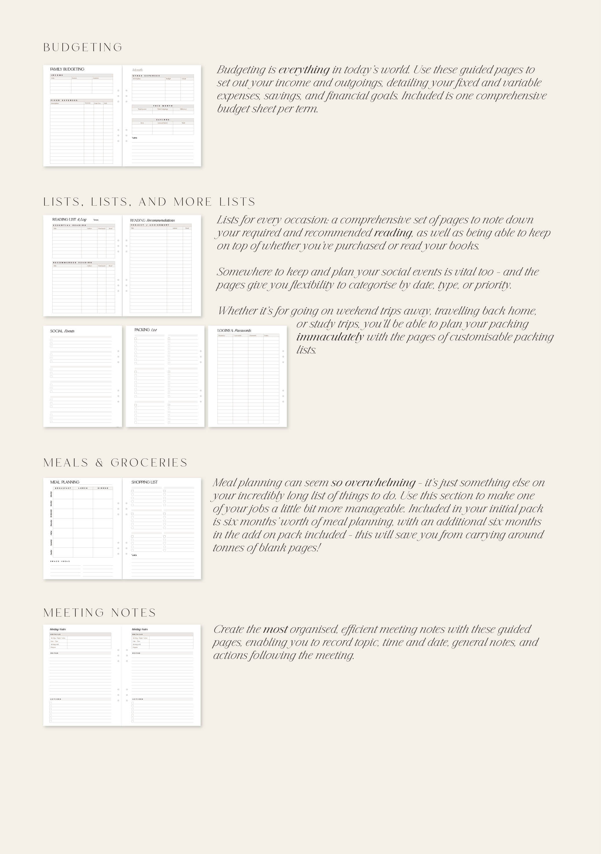 Pages from a planner or journal with text and checkboxes on a beige background
