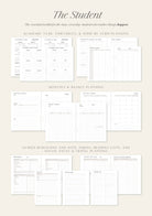Collection of student planners with various sections on a beige background