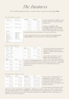 Business planning document with sections titled 'My Business & Me', 'The Year Ahead', and 'Quarterly Objectives' on a beige background.
