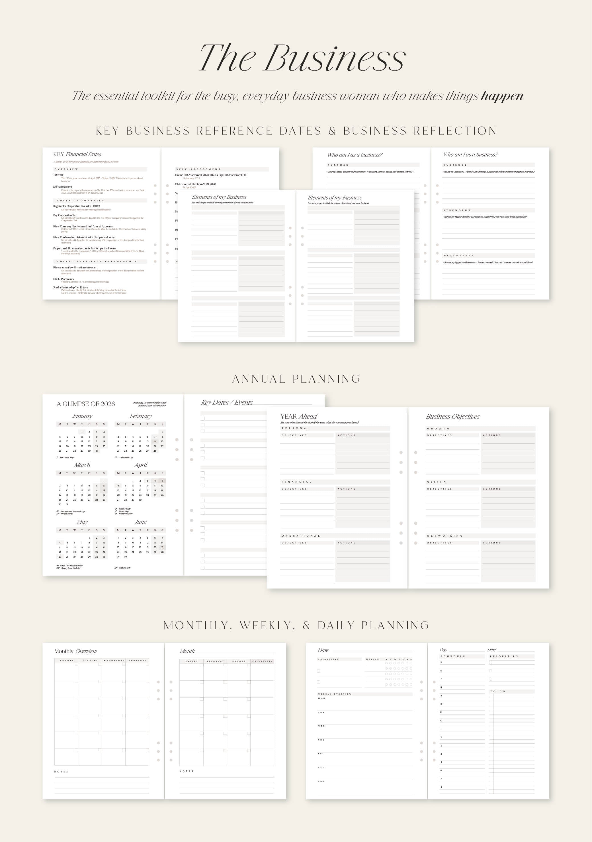 Business planner with various sections on a beige background
