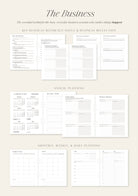 Business planner with various sections on a beige background