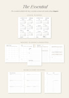 Collection of planning sheets with text on a beige background