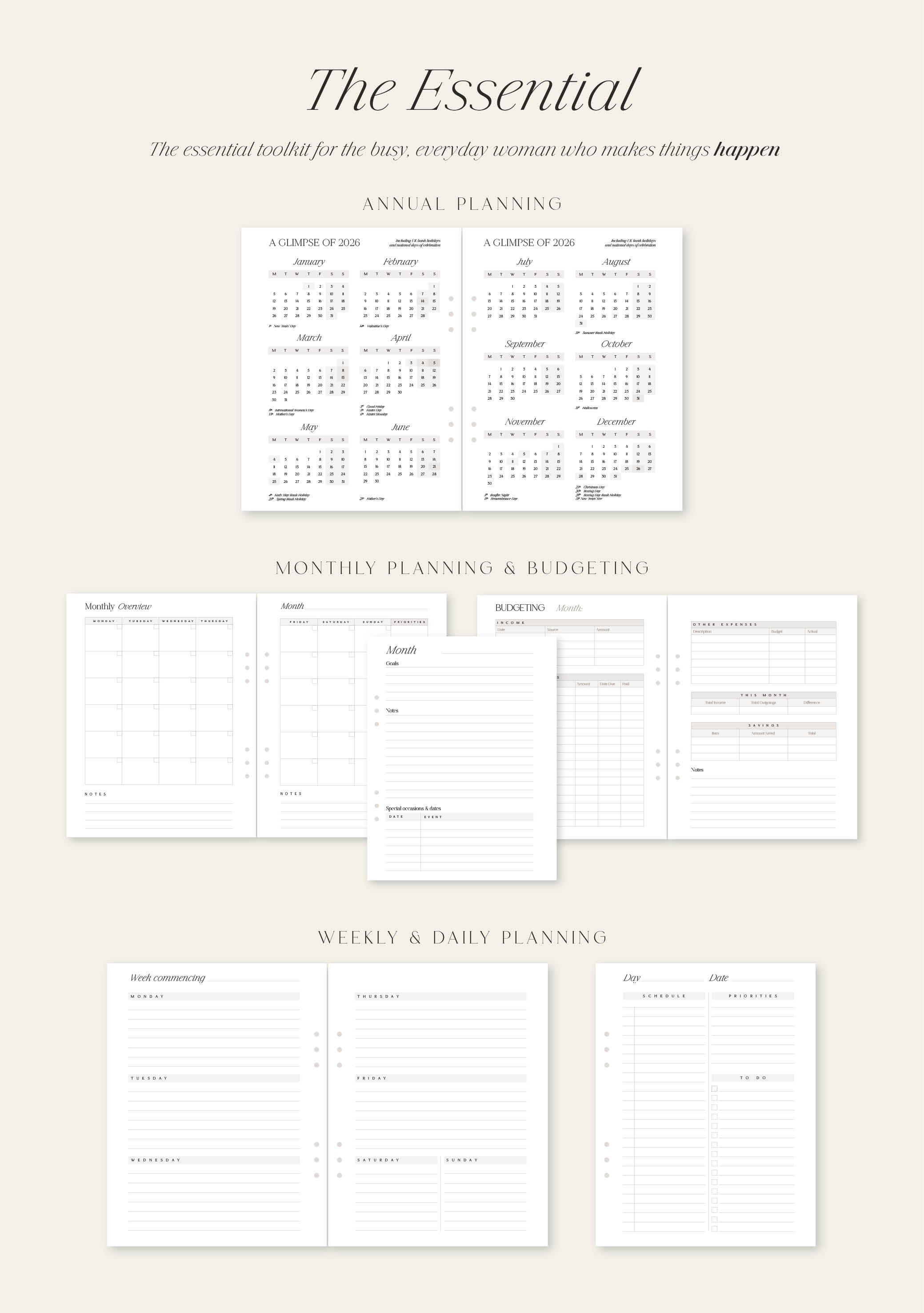 Collection of planning sheets with text on a beige background