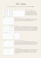 Product packaging for 'The Mum' planner with text and grid layout on a light background