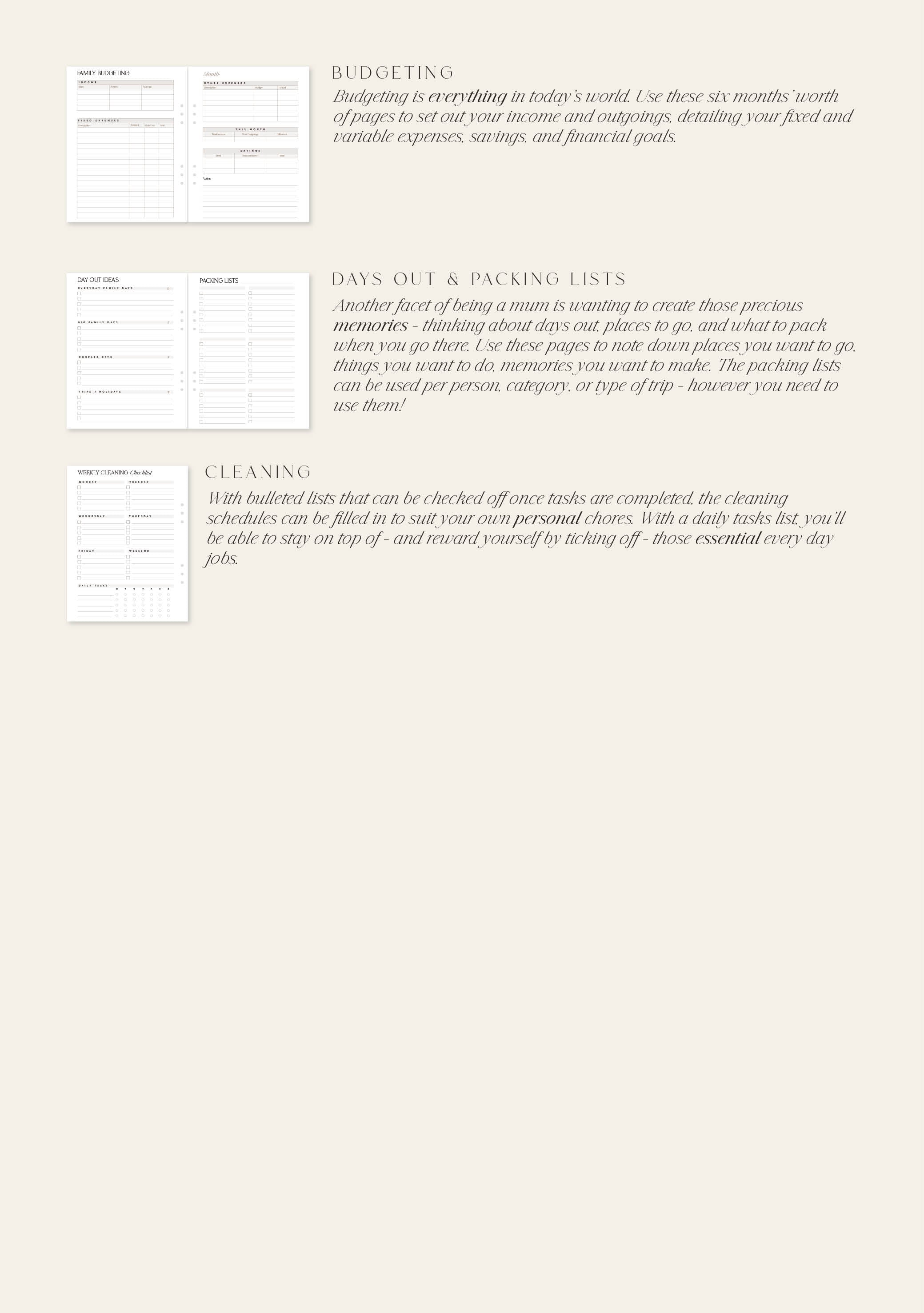 Collection of pages from a planner or organizer on a beige background