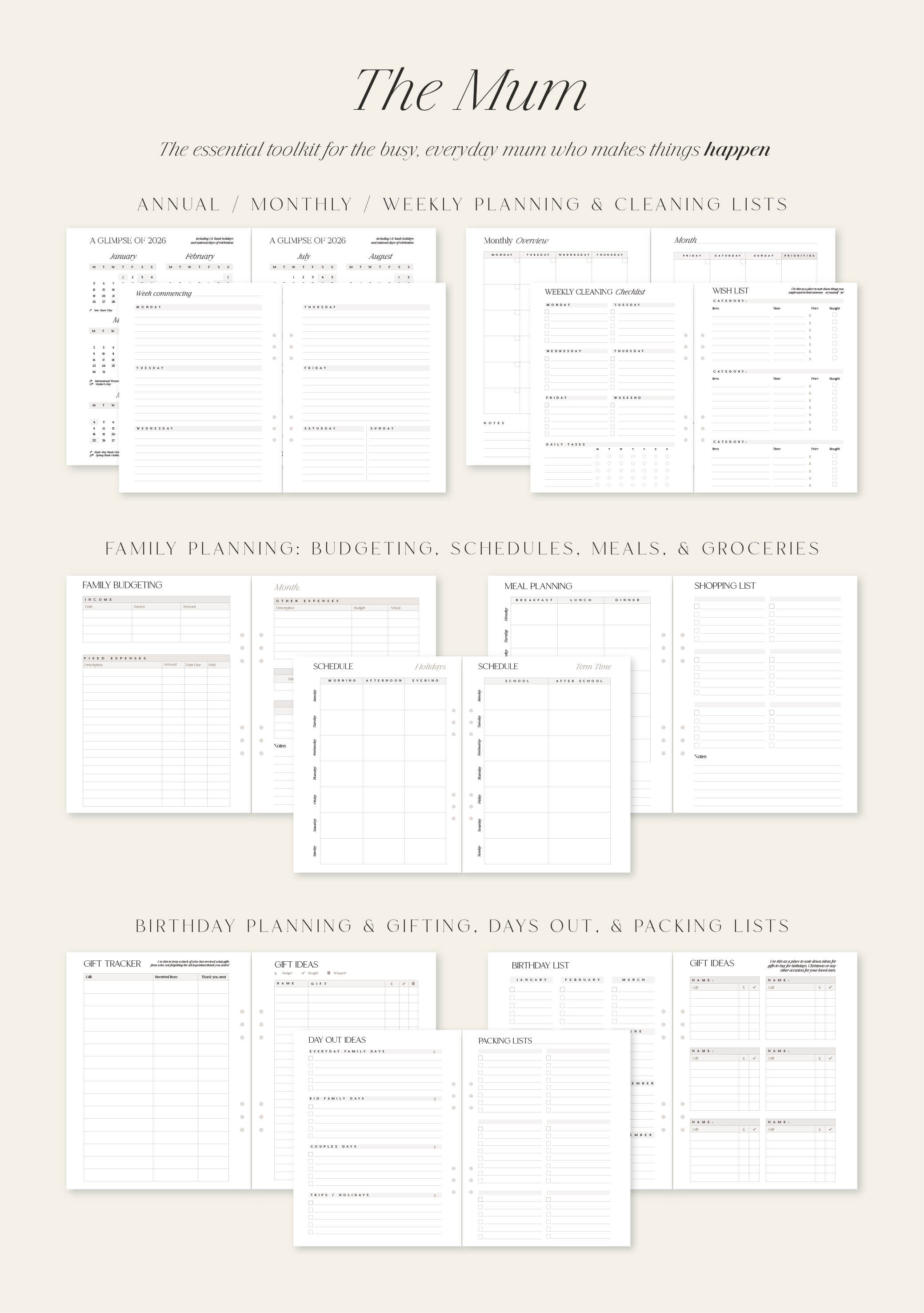 Planner for the 'Mum' with various sections for planning and organizing daily tasks.