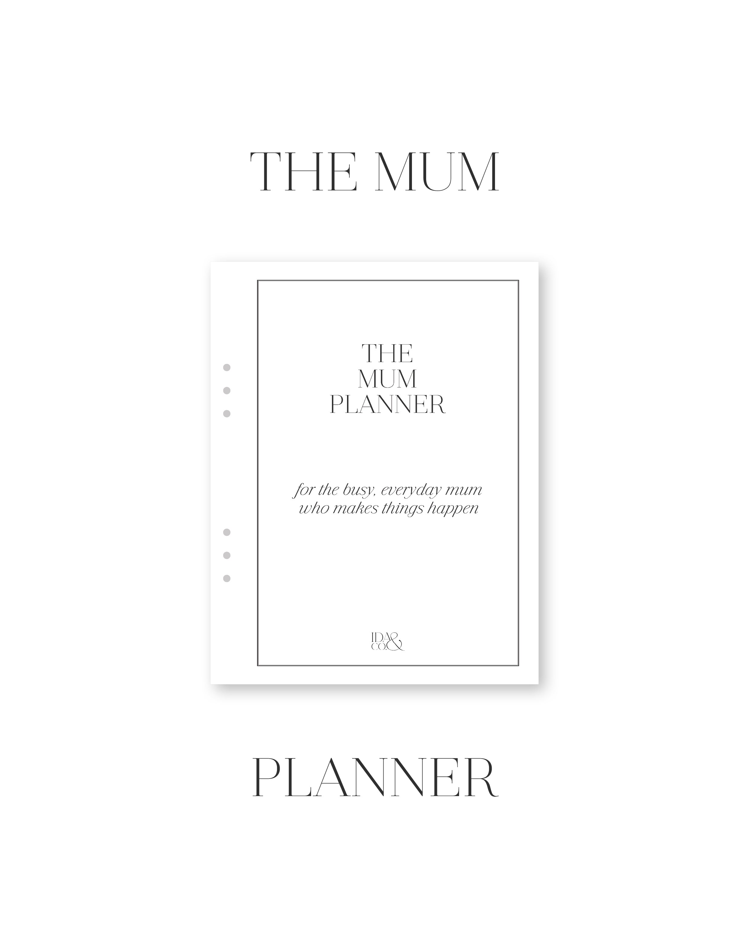 Planner cover with text 'The Mum Planner' on a white background