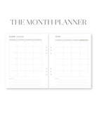 Two-page spread of 'The Month Planner' with monthly overview and daily layout.