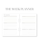 Week planner with time slots and notes on a white background