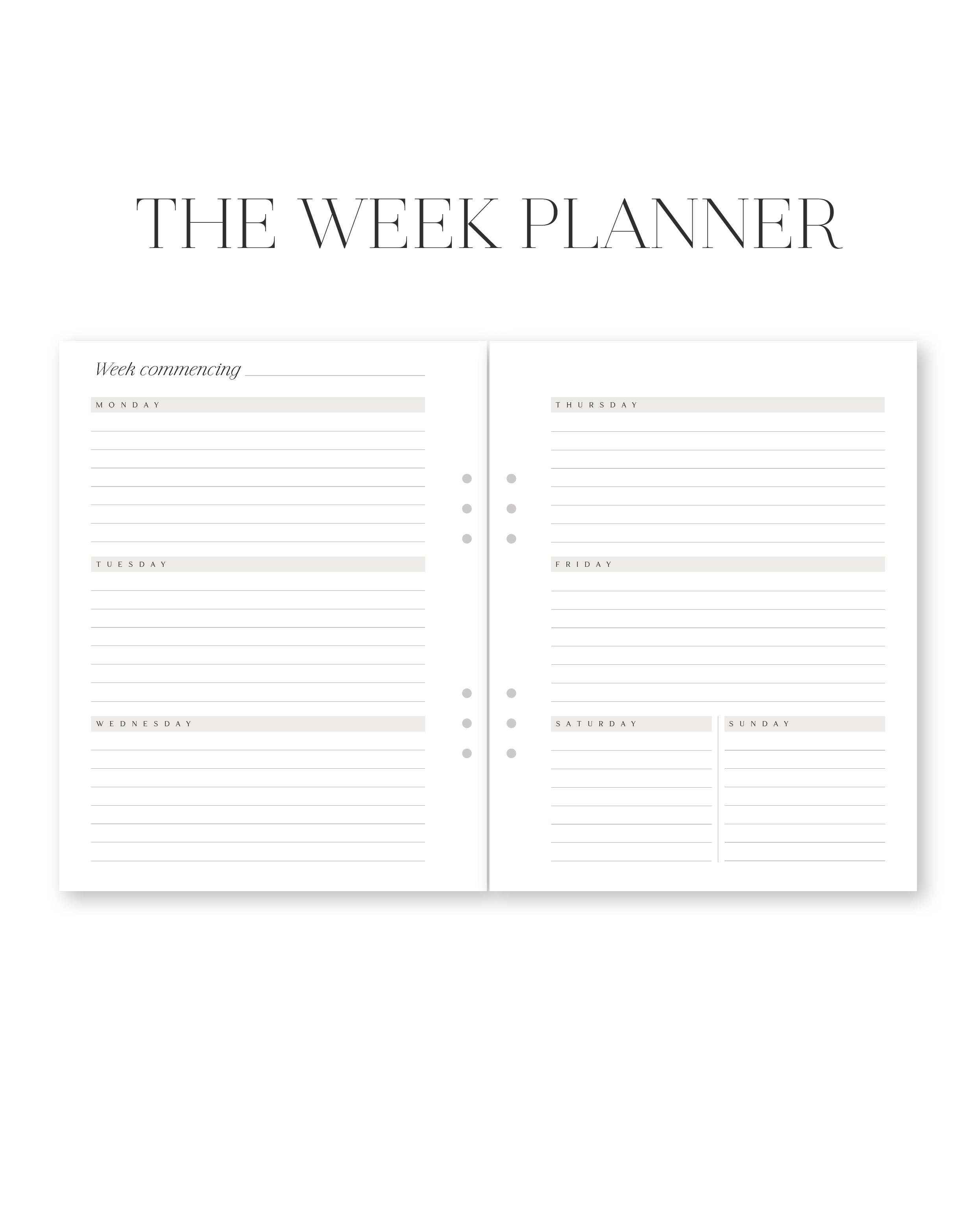 Week planner with time slots and notes on a white background
