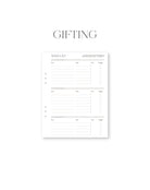 Gifting wishlist planner sheet with columns for name, gift type, and weight on a white background.