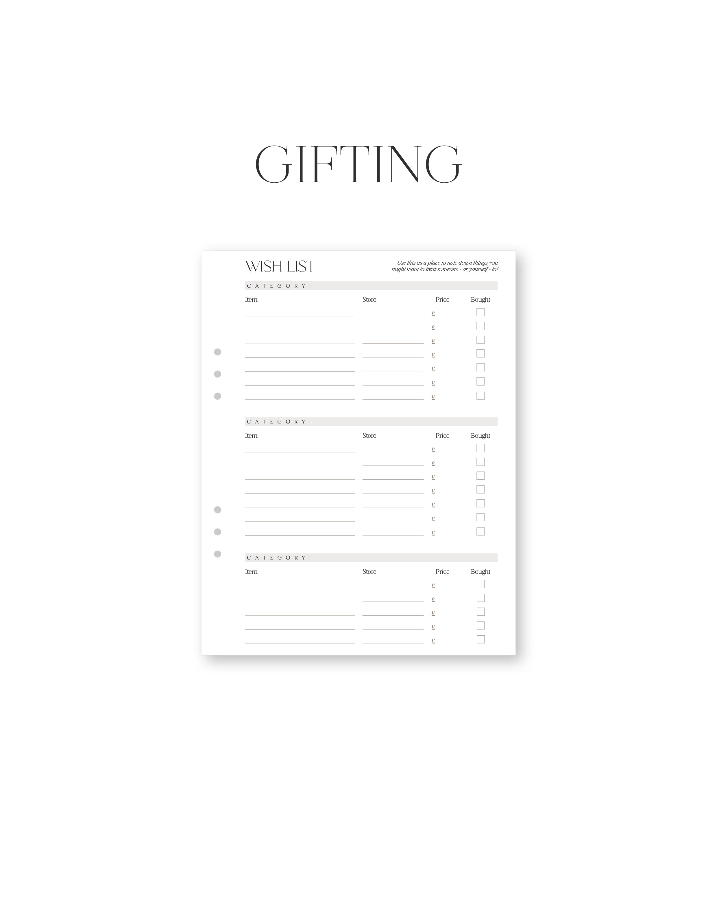 Gifting wishlist planner sheet with columns for name, gift type, and weight on a white background.