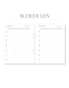 Two schedule sheets with columns for days and times on a white background