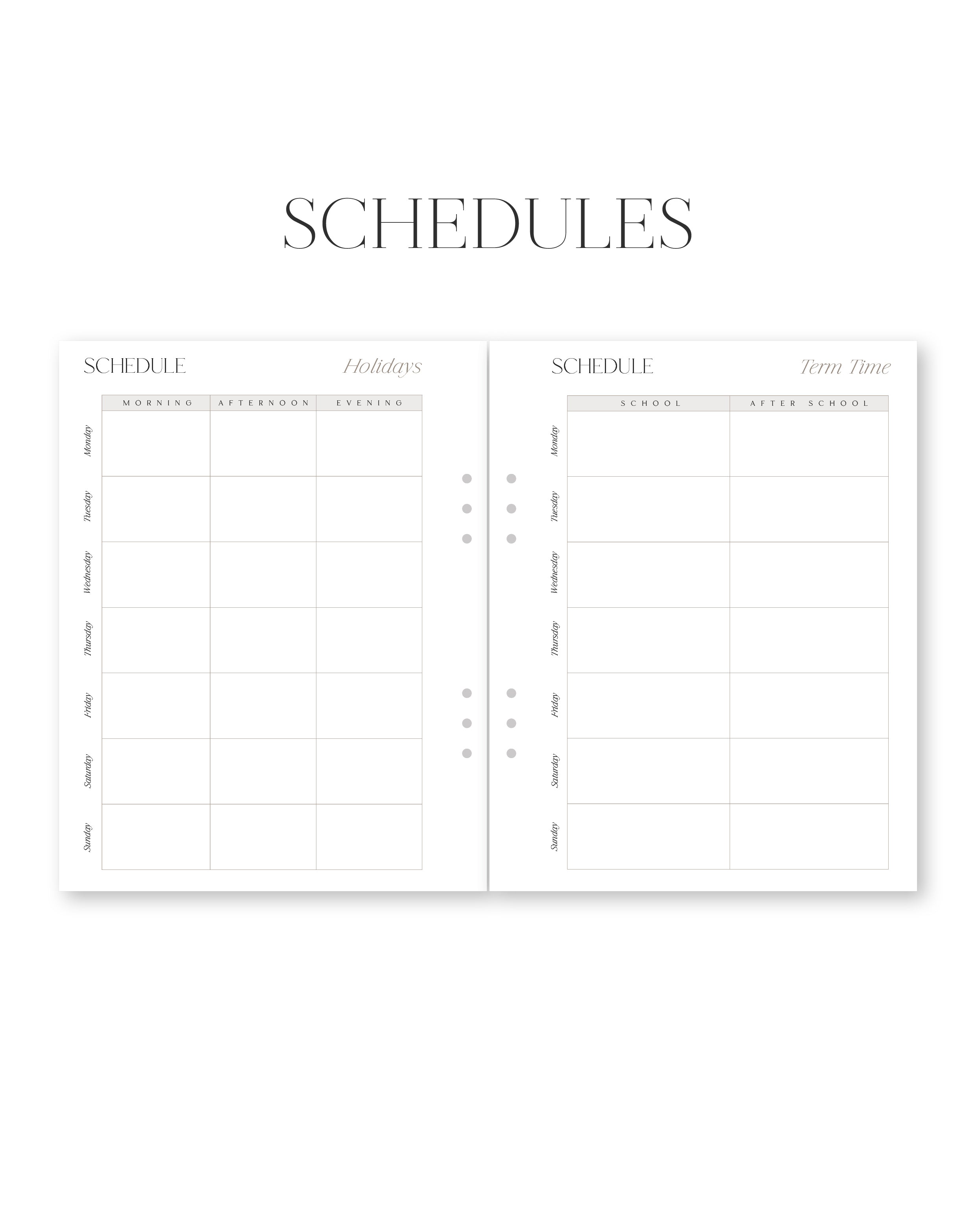 Two schedule sheets with columns for days and times on a white background