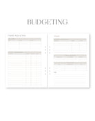 Two budgeting sheets with columns and text on a white background